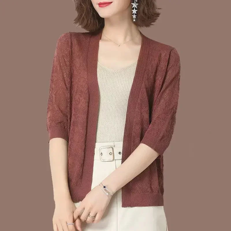 Thin Knitted Cardigan Summer Ice Silk Sun Protection Coat ’s Short Knit Sweater Hollow Out Shawl Jacket