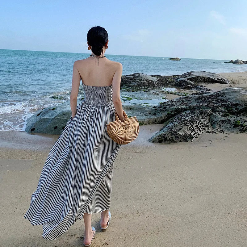 Summer Black White Striped Club Off Shoulder Long Dresses High Waist Backless Pleated Strapless Sundress
