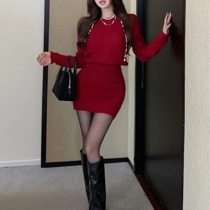 Korean Slim Thread Knitted Longsleeved Dress Winter New Oneck Color Mini Dress