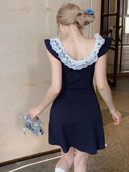 Lace Patchwork Mini Dresses for Flying Sleeve Aline Summer Dresswith Bow Korean Slim Uniform Clothes