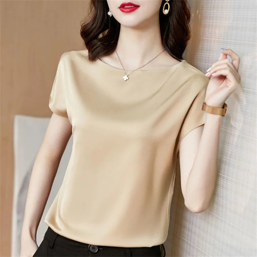Office Lady Tops Summer Short Sleeve O-neck Blouses Satin Blouse Shirts Simple Loose Shirt Blusas Df4904