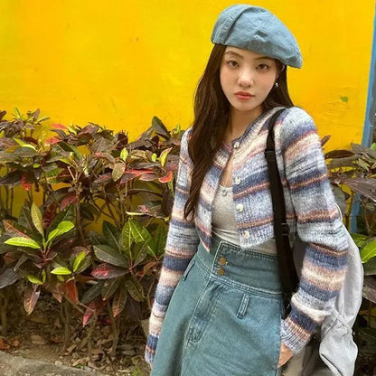 Striped Short Knitted Cardigan Spring and Autumn New Gentle Soft Glutinous Sweater Coat Slim Design Top