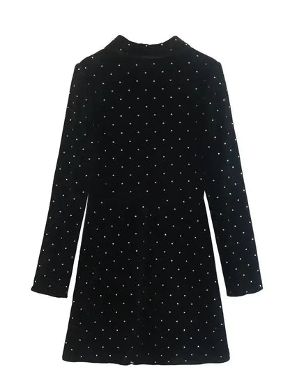 Dot Velvet Mini Dress Turn Down Collar Single Breasted Long Sleeve Skirt Autumn Female Dresses