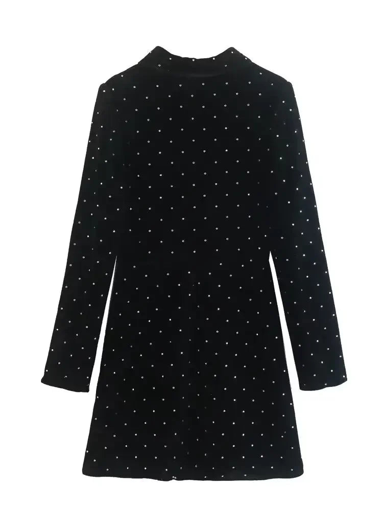 Dot Velvet Mini Dress Turn Down Collar Single Breasted Long Sleeve Skirt Autumn Female Dresses