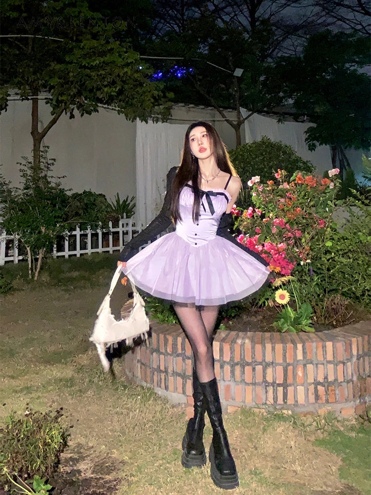 Hot Girl Y2k Longsleeved Cardigan Sleeveless Purple Strap Dress Twopiece Sets Summer New Preppy Style Sweet Dress Sets