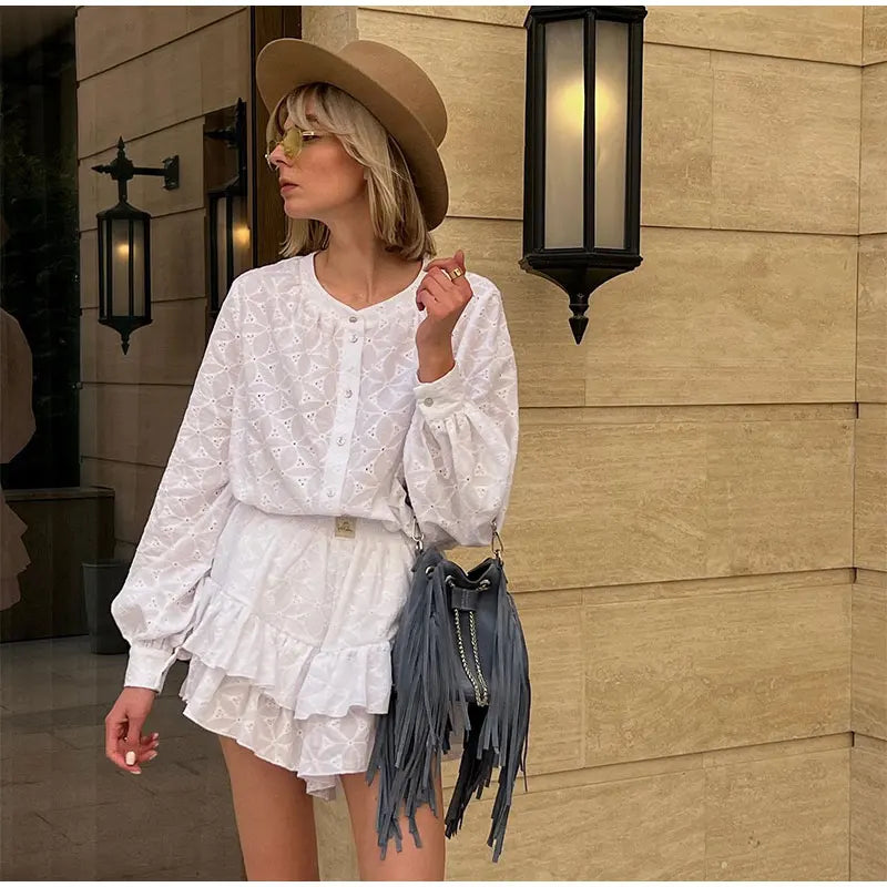 Long Sleeved Shirt Shorts Sets Summer Stand Collar Single Breasted White Blouse Suits Vacation 2 Pieces Set Outfit