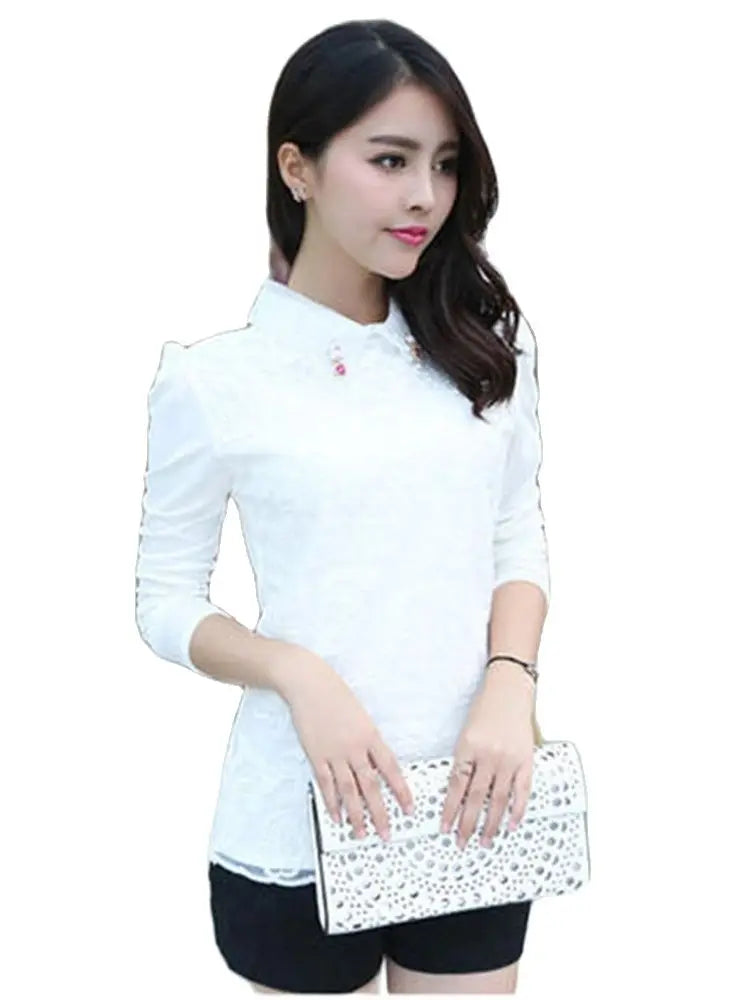 Spring Autumn Style Lace Blouses Shirts Lady Peter Pan Collar Long Sleeve Beading Blusas Top Df1758