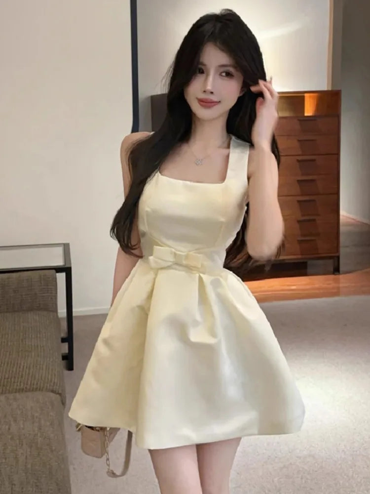 Dresses Sweet Square Collar Bow Sleeveless Slim Ball Gown Mini Dress Temperament Spring