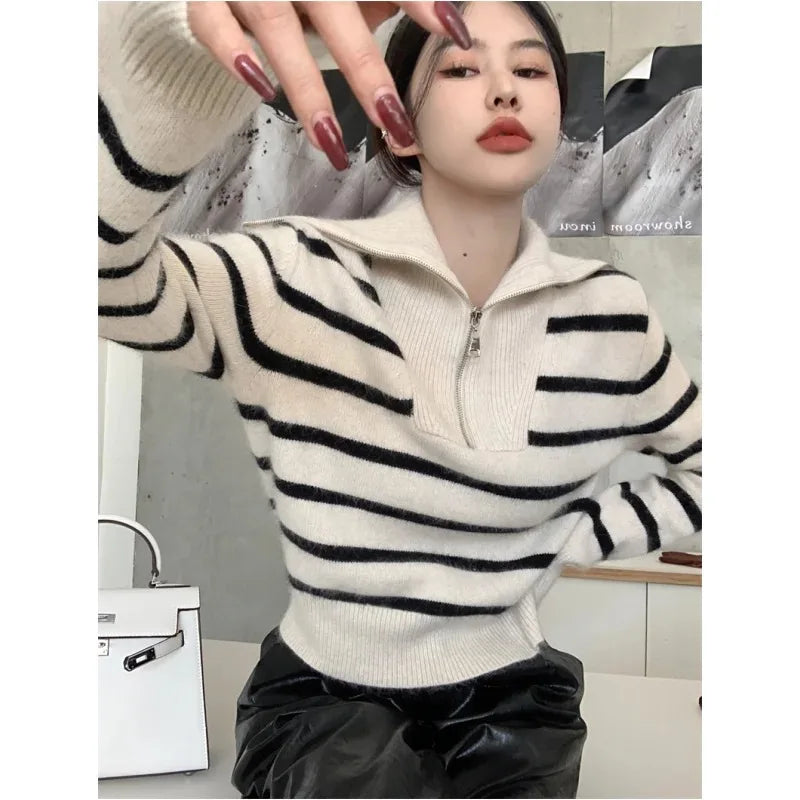 ’s Striped Sweater Zip Thick Fall Loose Turtleneck Knit Jumper Turn-down Collar Oversize Sweaters
