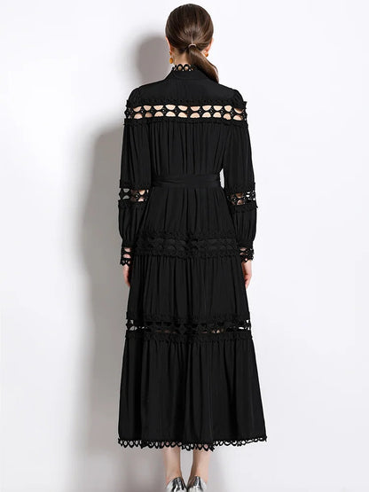 Dresses Skeleton Lace Splicing Stand Collar Single Breasted Dresses Aline Midi Dresses With Belt Party Clubwear
