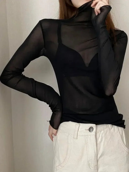 Spring Summer Long Sleeve Black Mesh Top Blouses Transparent Punk Clubwear Shirt Tees Beach Tops Bottom Tops