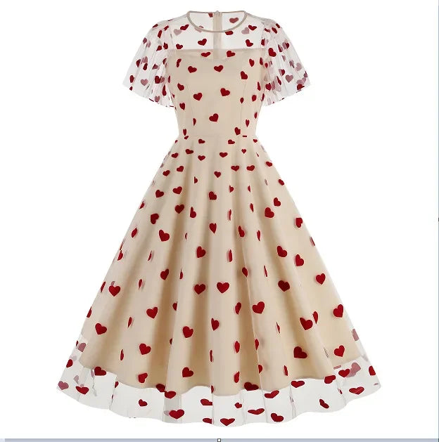 New Retro Pink Strawberry Mesh Birthday Long Dress 50s Flare Sleeve Summer Prom Evening Party Dresses