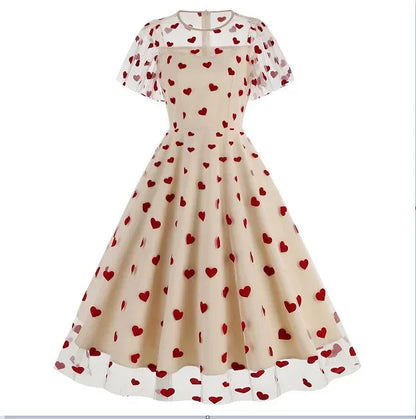 New Retro Pink Strawberry Mesh Birthday Long Dress 50s Flare Sleeve Summer Prom Evening Party Dresses