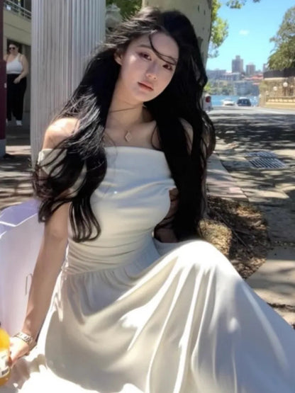 White Long Dresses Fairycore Slash Neck Inclined Shoulder Vestidos Summer Laceup Ruched Trumpet Dress
