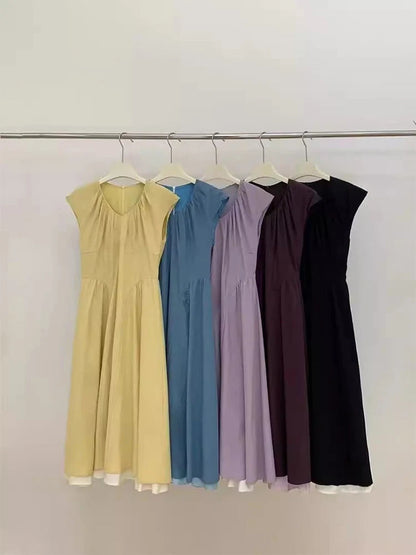 French Retro Patchwork Contrasting Short Sleeved Dress Summer New Design Slimming Waist Long Dresses