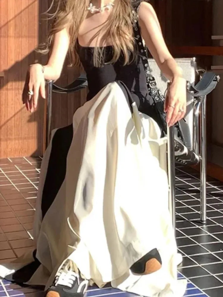 Black White Contrast Pleated Sling Long Dress Summer Backless Maxi Dresses Lady Evening Party Vestidos
