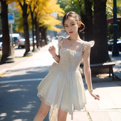 Blue Bandage Mini Dresses Flying Sleeve Spring Summer French Style Dress Ruffles Vestidos Mujer