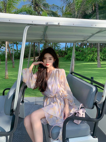 Summer New Sweet Chiffon Mini Dress Beach Party Vneck Mini Dress One Piece Dress Korean Clothing