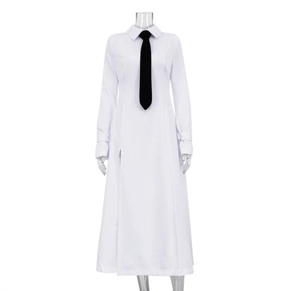 Side Slit Long Dress for White Turn Collar Tie Midi Dresses Femme New Street Loose Slender Dress Woman