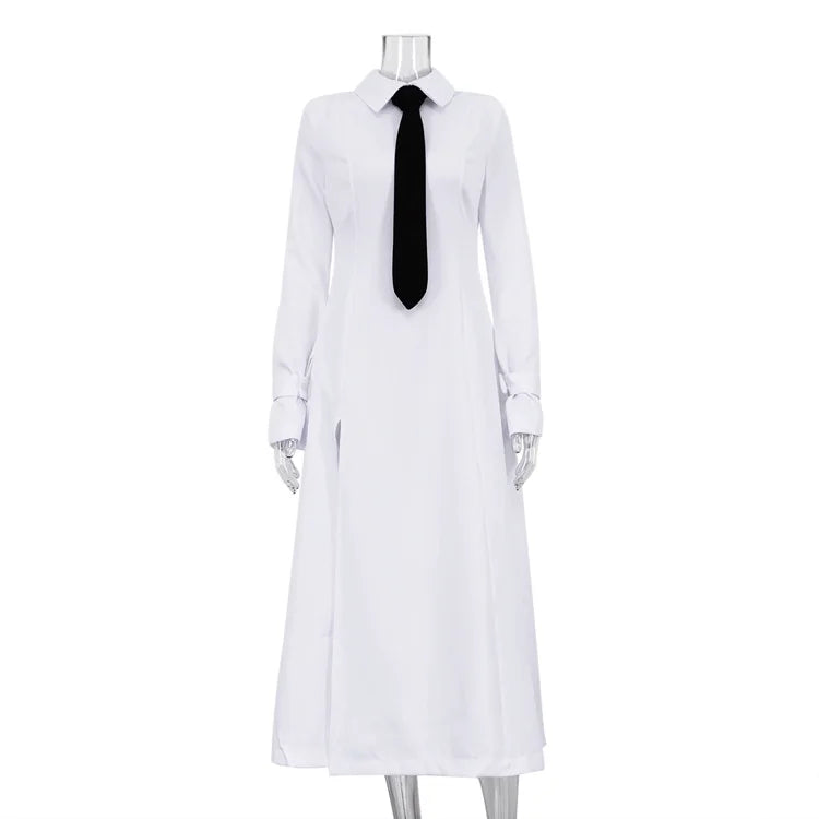 Side Slit Long Dress for White Turn Collar Tie Midi Dresses Femme New Street Loose Slender Dress Woman