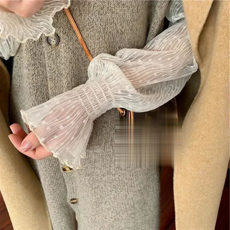 High Collar Mesh Perspective Blouse Summer Thin See Through Slim Bottoming Lace Long Flare Sleeved Tops