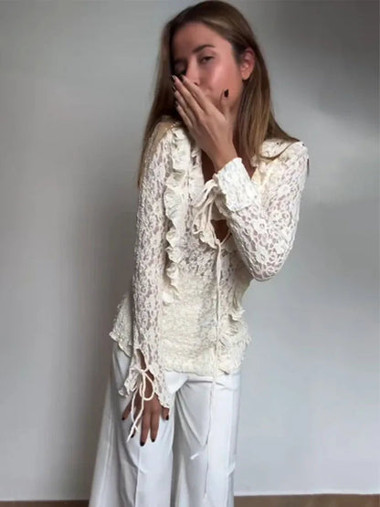Spring V-neck Lace Laminated Blouse
