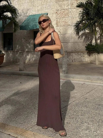 New Pit Striped Knitted Dress U Collar Sleeveless Slim Suspender Maxi Dresses Summer Holiday Vestidos