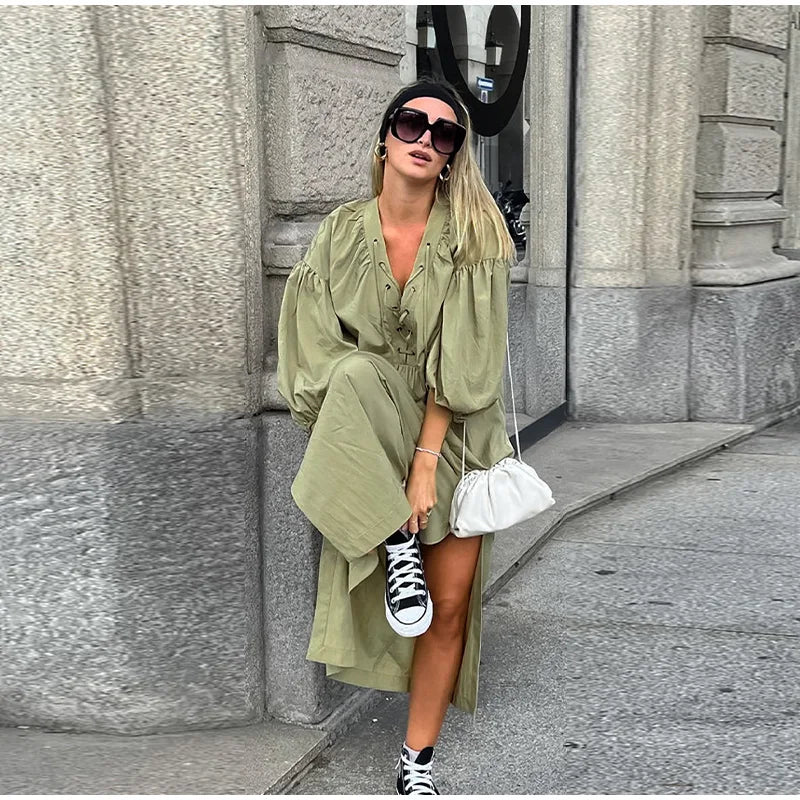 Street Lace Up Long Dresses New Loose V-neck Side Slit Dress Female Summer Versatiel Street Party Robes