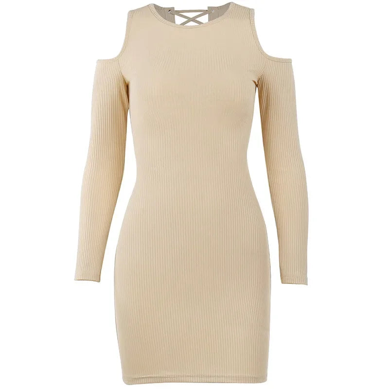 Off Shoulder Longsleeve Backless Strap Dress for Party Club Clothing Hollow Bodycon Mini Dresses Платье