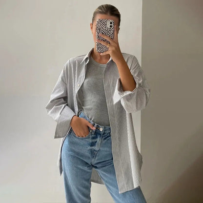 Autumn Striped Blouses for Basic Turndown Collar Long Sleeve Shirt Female Blouses