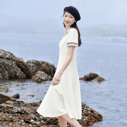Dress Navy Collar With a Collegiate and Artistic Style Summer New White Moonlight Waist-cinched Long Dress
