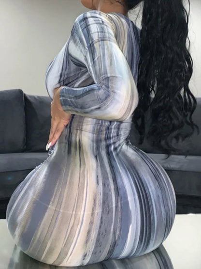 U Neck Tie-dye Print Bodycon Midi Dress