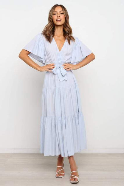 Color Ruffles Long Dresses V-neck Ruffle Sleeves Leace-up Temperament Lady Dress Summer New