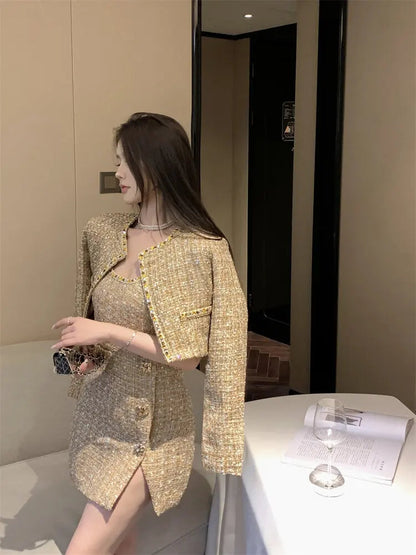 Gold Tweed 2 Piece Suit Jacket for Autumn Winter Designers Wool Coat + Strap Mini Dress Korean