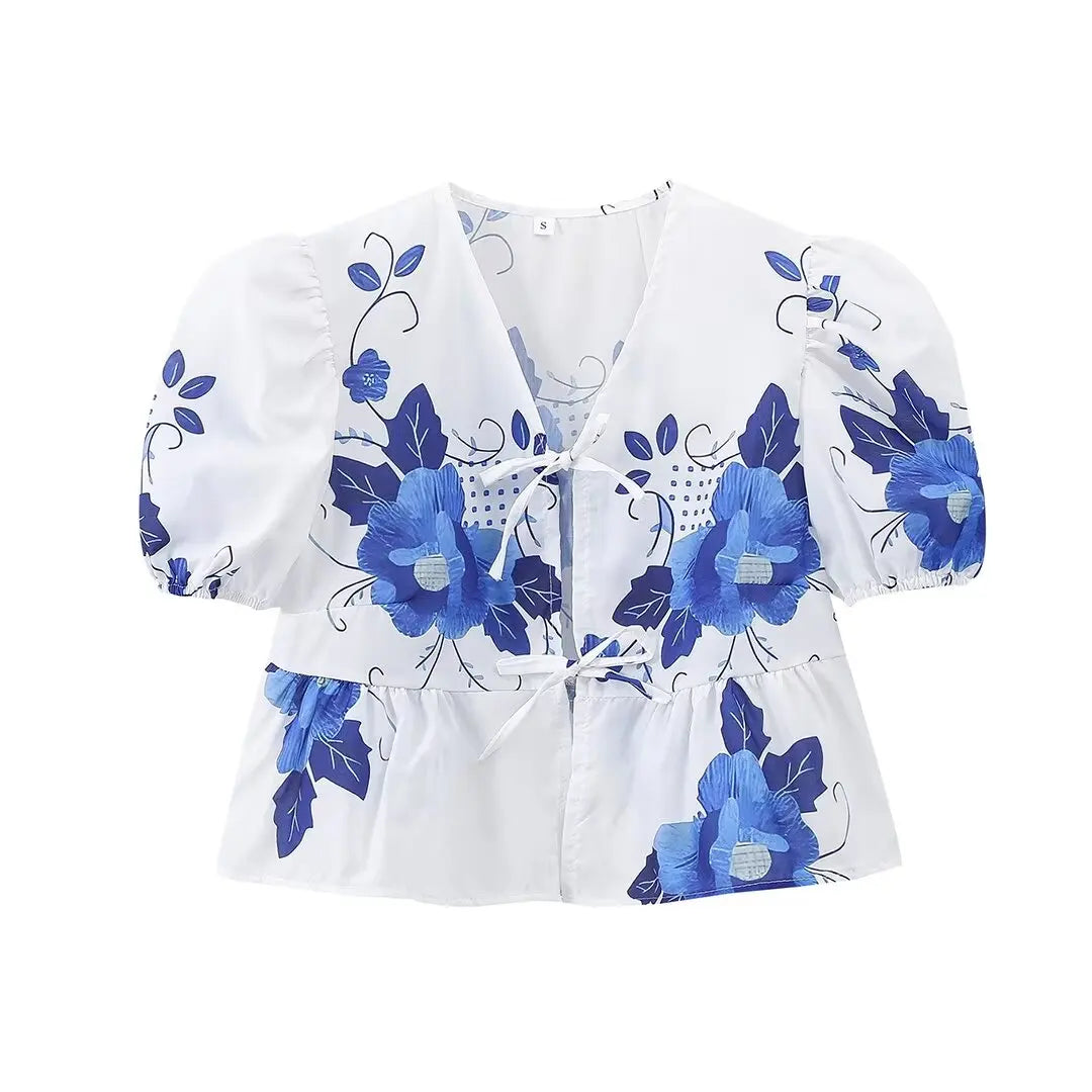 Summer Printed Short Sleeves Shirt Vneck Bow Laceup Cropped Top Female Sweet Blouse Top