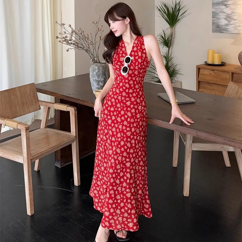 Halter Dresses Beach Style Hollow Out Spring Summer Long Dress Korean Vestidos Mujer
