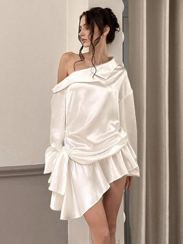 Draped Mini Dress for Backless Irregular Skew Collar Long Sleeve Party Dresses High Waist