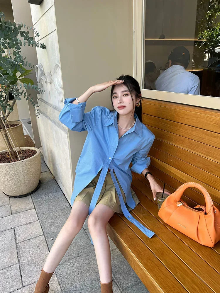Shirts Tie Long Sleeve French Tops Loose Shirt Button Blouses for Autumn Blue Cotton Top