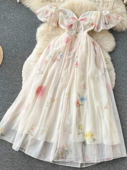 Strap Dress Summer Strapless Corset Maxi Sundress Backless Bow Sweet Print Midi Dresses