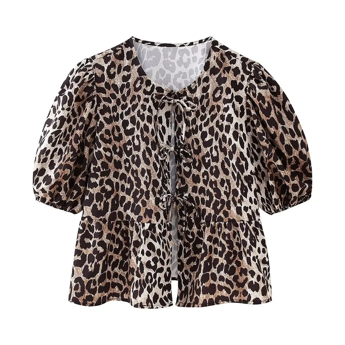 Summer Printed Cropped Shirts Top Puff Short Sleeves Round Neck Blouse Female Laceup Tshrit