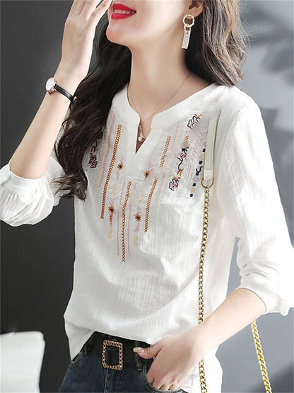 Spring Autumn White Blouses Tops Lady Embroidery V-neck Long Sleeve Loose Blusas Top Df4272