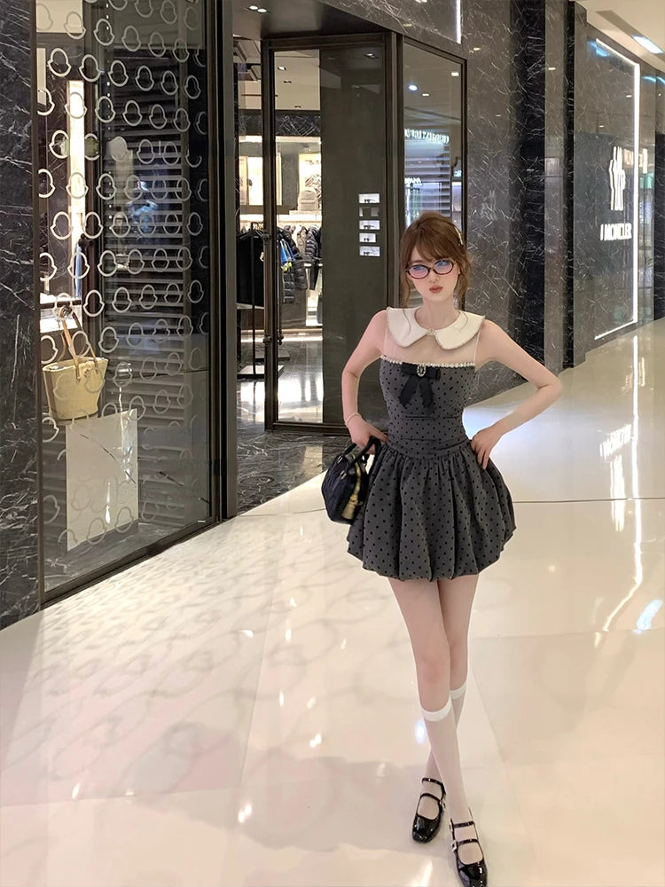 French Mini Dress Sleeveless 2000s Retro Clothing One Piece Dress Korean Y2k Dot Design
