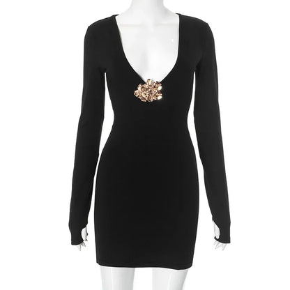 Plunge Slim Metallic Dress for Long Sleeve Mini Dress High Waist Autumn Club Party Dress