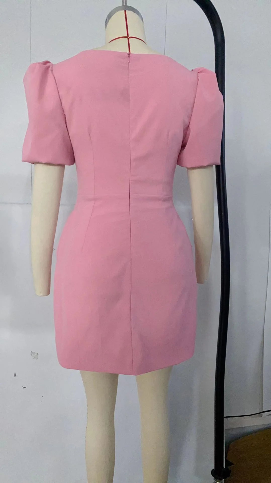 Summer Dress Heart Shaped Sequins Party Mini Dress Female Puff Sleeve V Neck Robe Slim Pink Dresses Clothes