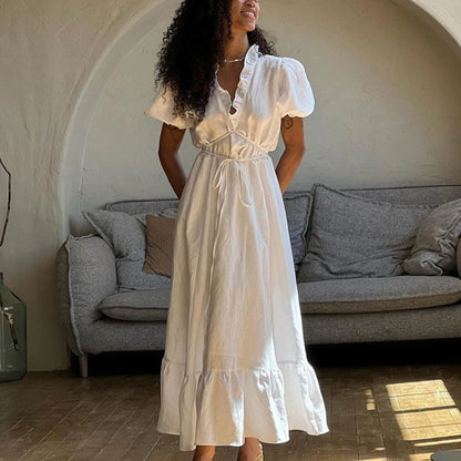 Leisure V-neck Lace Up White Maxi Dress for Color High Waisted Short Sleeves Ruched Patchwork Girdle Dress