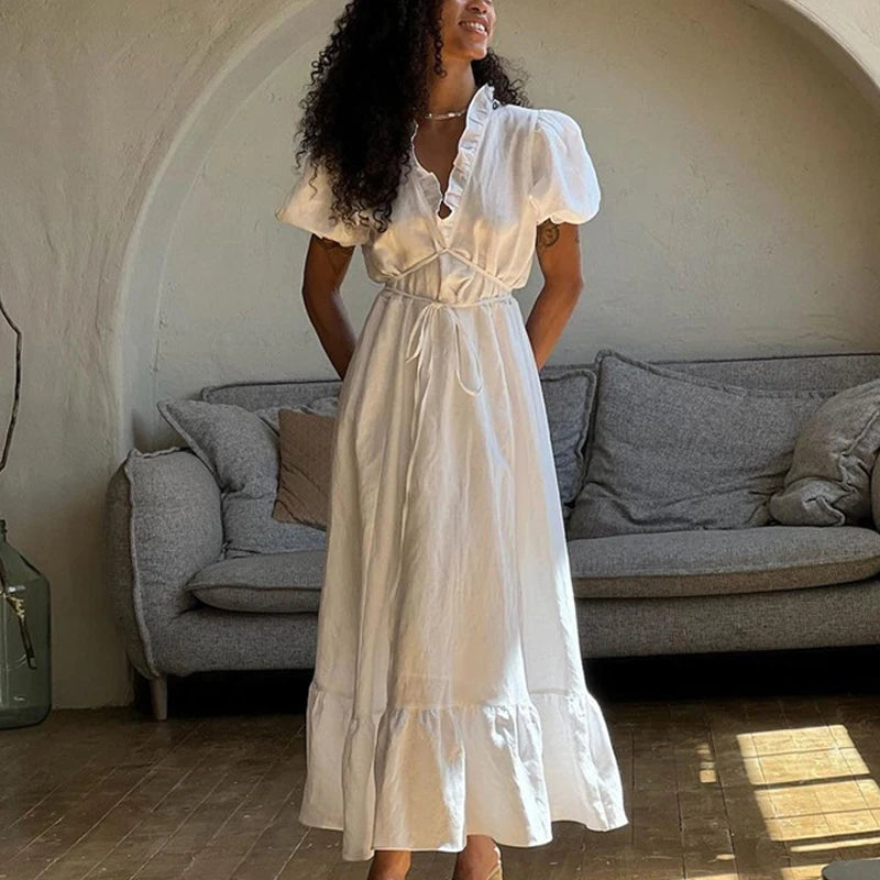 Leisure V-neck Lace Up White Maxi Dress for Color High Waisted Short Sleeves Ruched Patchwork Girdle Dress
