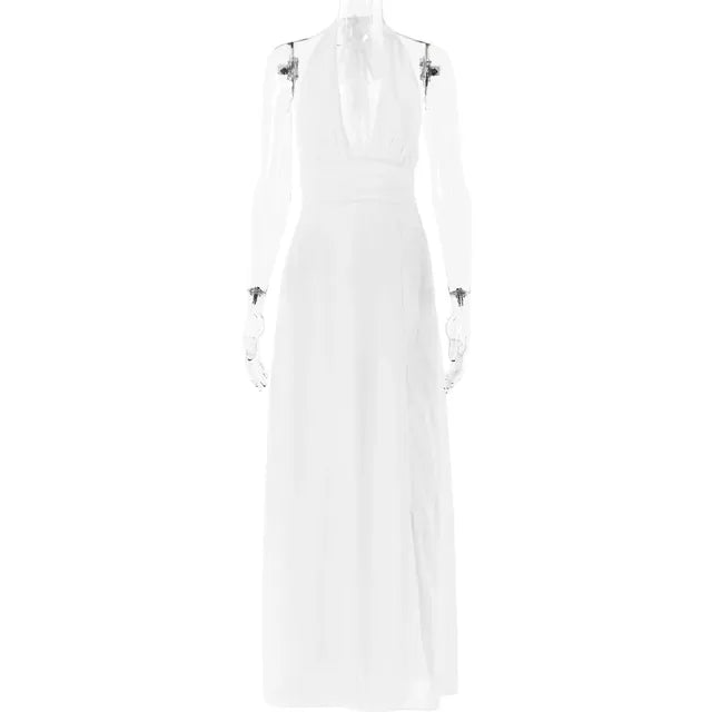 Halterneck V-neck Backless Dresses Party High Waist Slit Sleeveless Long Dress Lace-up Evening Dress
