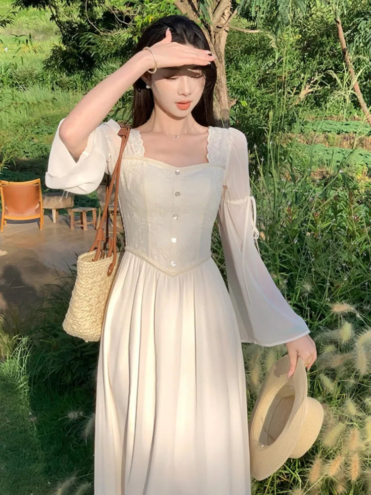 French Flare Sleeve Midi Dresses for Square Collar A-line Autumn New Party Dress Female Clothing