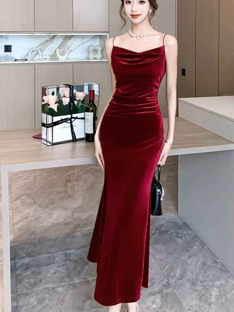Split Velvet Midi Dresses Summer French Spaghetti Strap Wedding Party Female Clothing