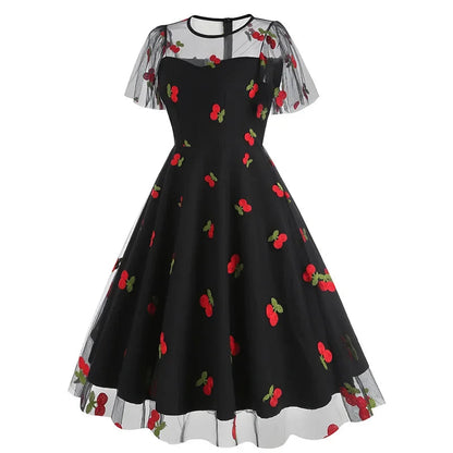 New Retro Pink Strawberry Mesh Birthday Long Dress 50s Flare Sleeve Summer Prom Evening Party Dresses